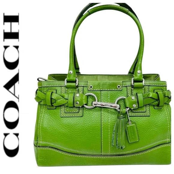 Coach Hamptons Green Pebbled Leather Braided Belt Satchel Handbag Y2K $398 - Picture 13 of 13